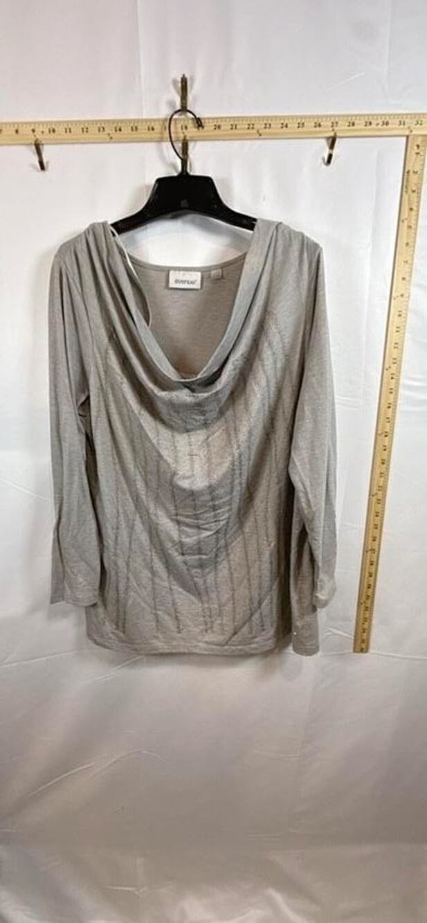 Avenue Womens 14/16 Top Taupe Beige Cowl Neck Rhinestone Shimmer Shirt Plus